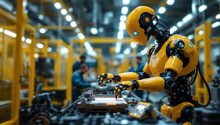 A photograph of a dynamic industrial robot in action