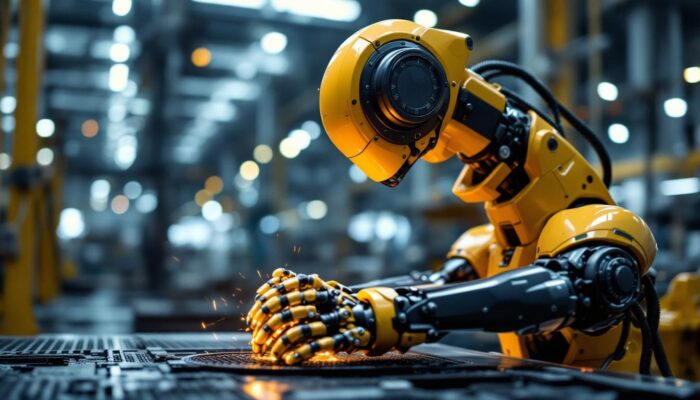 A photograph of a sleek industrial robot in action