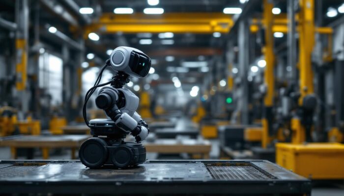 A photograph of a spotmini robot in an industrial setting