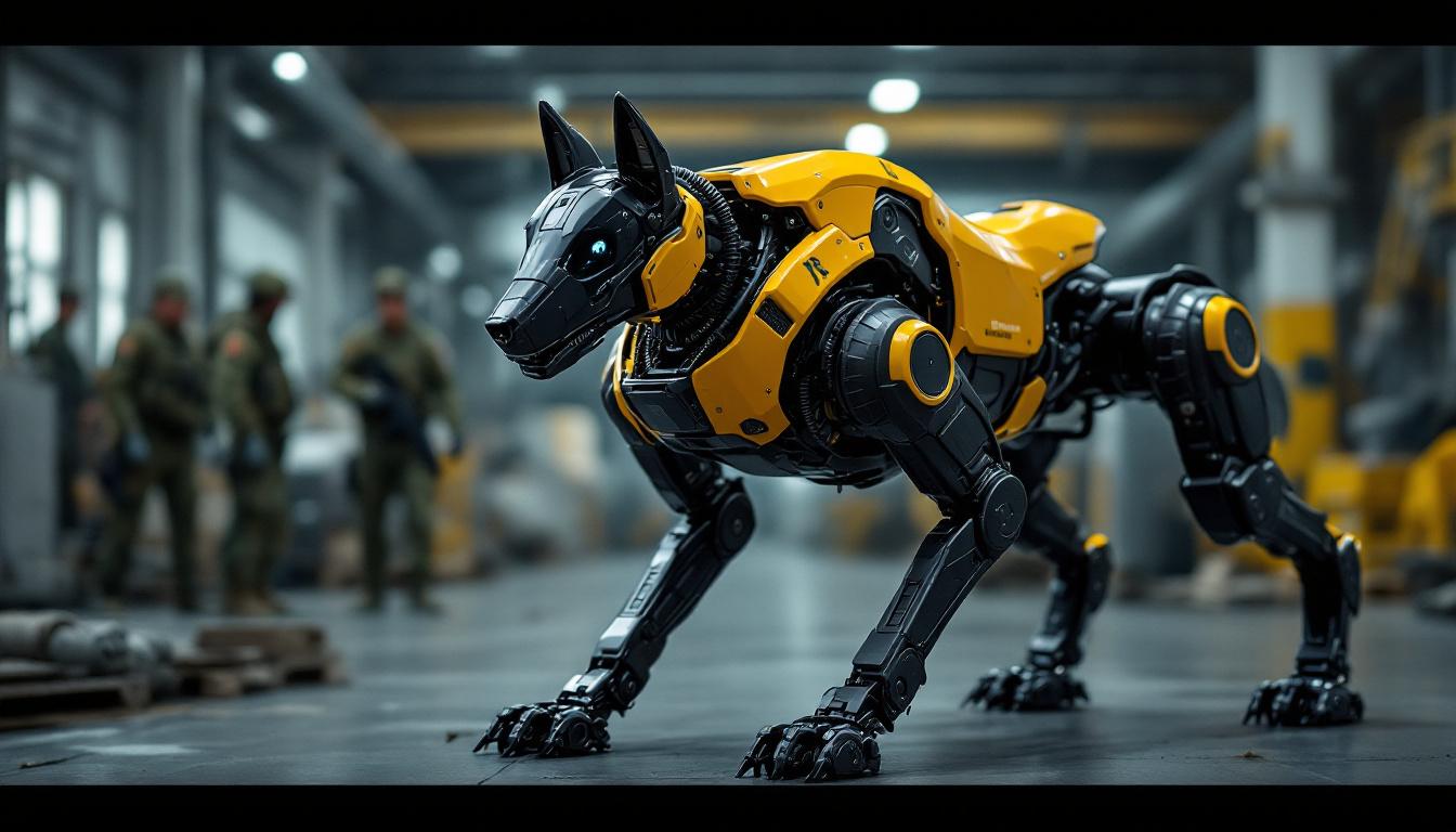 A photograph of a boston dynamics robot dog in an industrial setting