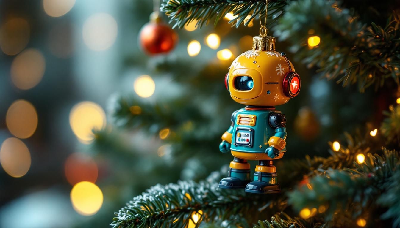 A photograph of a whimsical christmas tree adorned with a colorful robot-themed ornament