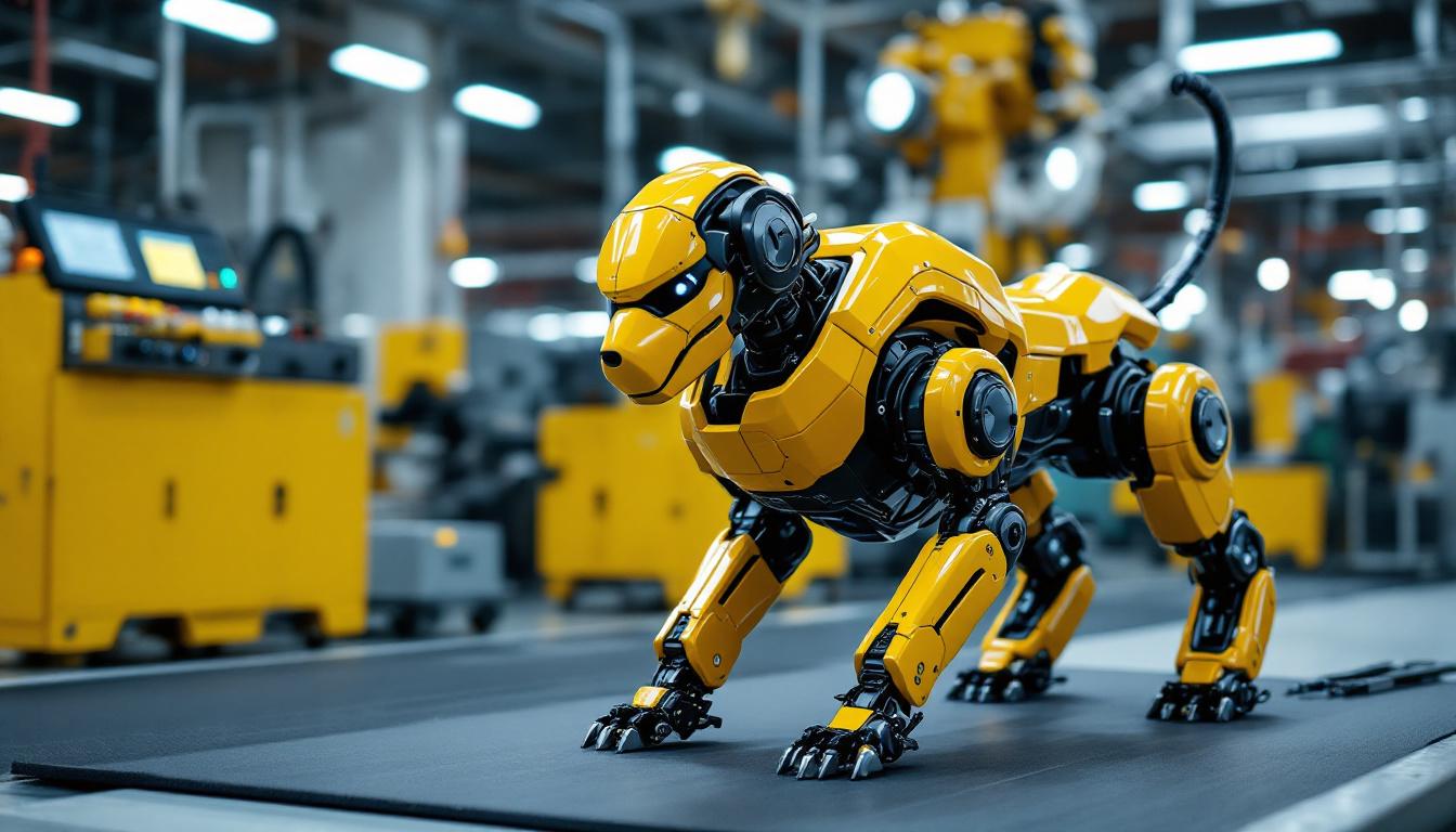 A photograph of a dynamic industrial robot dog in action
