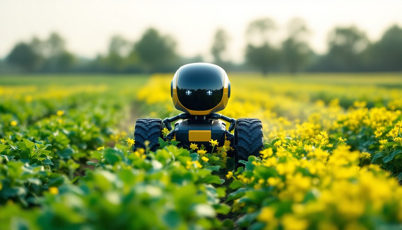 A photograph of a weeding robot in action within a vibrant agricultural field