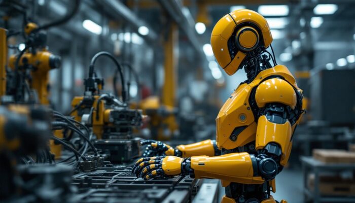 A photograph of a humanoid robot in an industrial setting