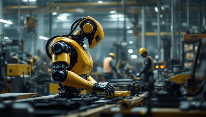 A photograph of a dynamic industrial setting where the atlas robot is actively engaged in a task