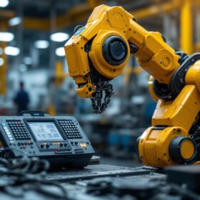 A photograph of a dynamic industrial robot in action within a manufacturing setting