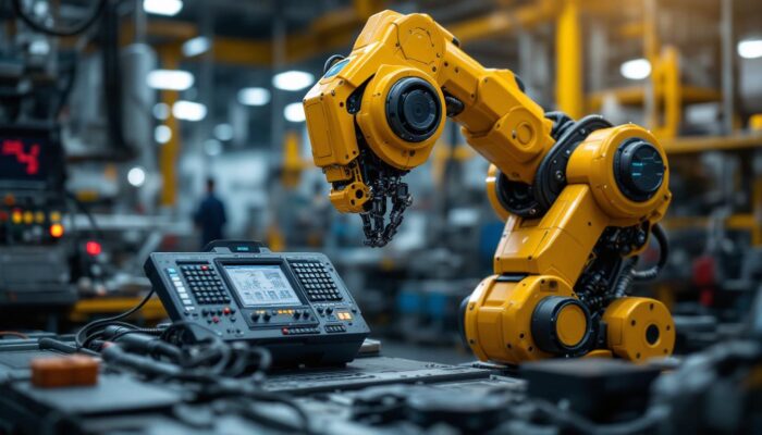 A photograph of a dynamic industrial robot in action within a manufacturing setting