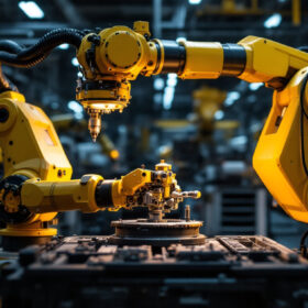 A photograph of an industrial robot in action within a manufacturing setting