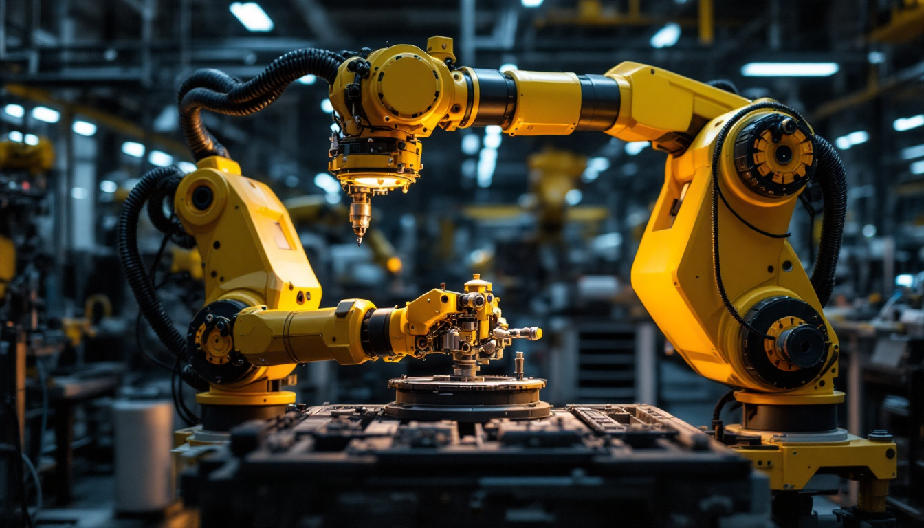 A photograph of an industrial robot in action within a manufacturing setting