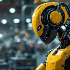 A photograph of a dynamic industrial robot in action