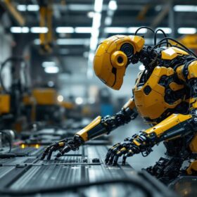 A photograph of a boston dynamics robot in action within an industrial setting