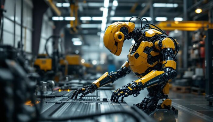 A photograph of a boston dynamics robot in action within an industrial setting