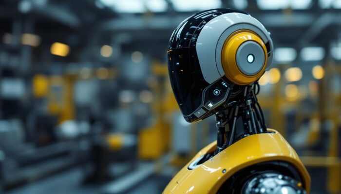 A photograph of a sleek industrial robot equipped with a high-tech facial recognition system