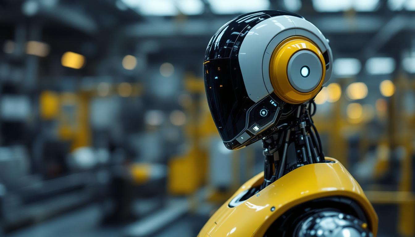 A photograph of a sleek industrial robot equipped with a high-tech facial recognition system