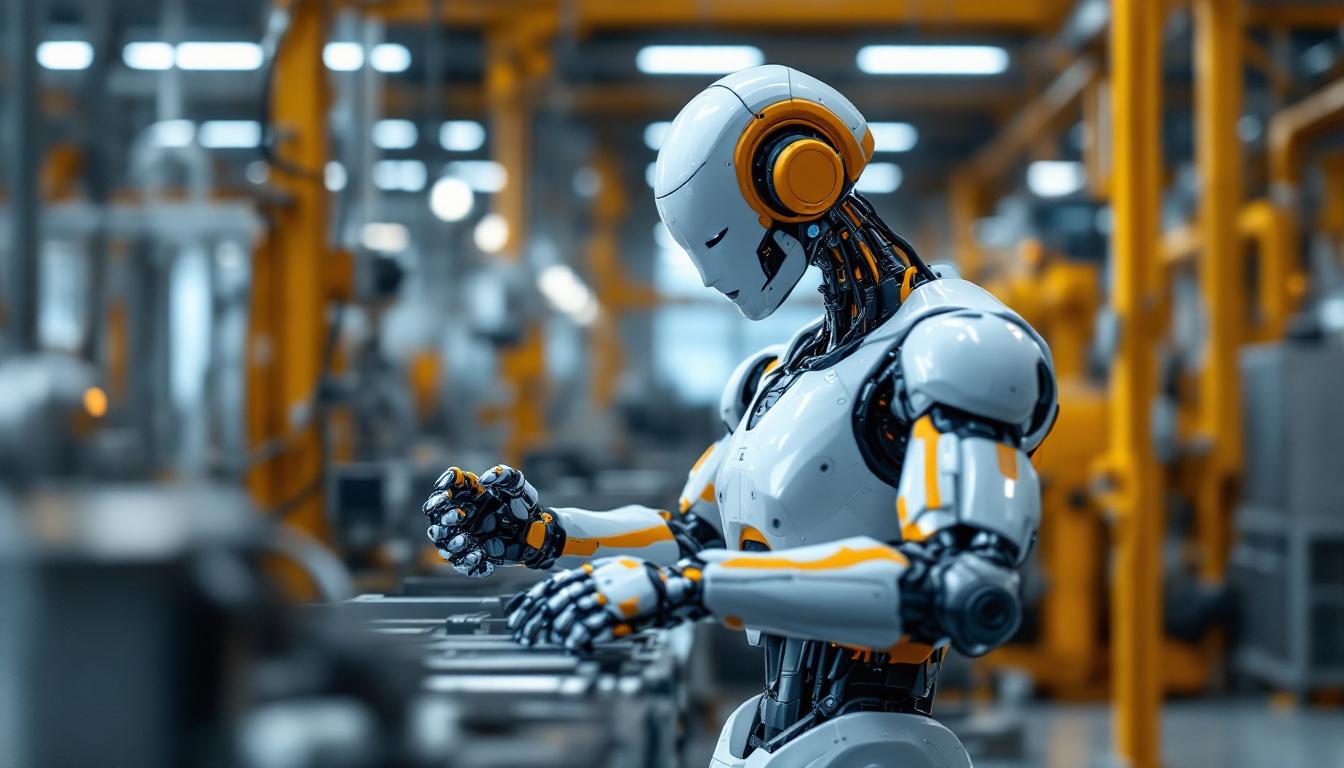 A photograph of a sleek industrial robot in action within a modern manufacturing facility