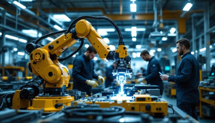 A photograph of a dynamic industrial setting showcasing a robotic arm in action