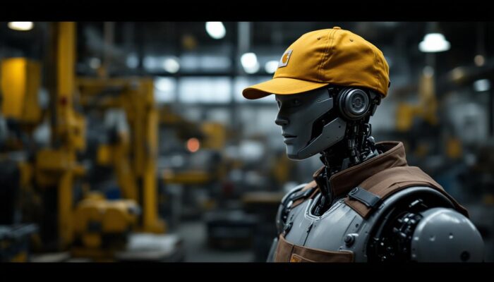 A photograph of a carhartt watch cap 2.0 being worn by an industrial robot in a workshop setting