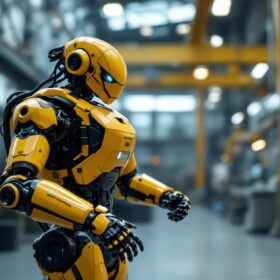 A photograph of a boston dynamics robot in action within an industrial setting