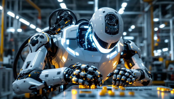 A photograph of a sleek industrial robot in action within a manufacturing facility