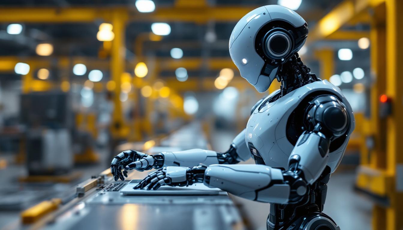 A photograph of a humanoid robot in an industrial setting
