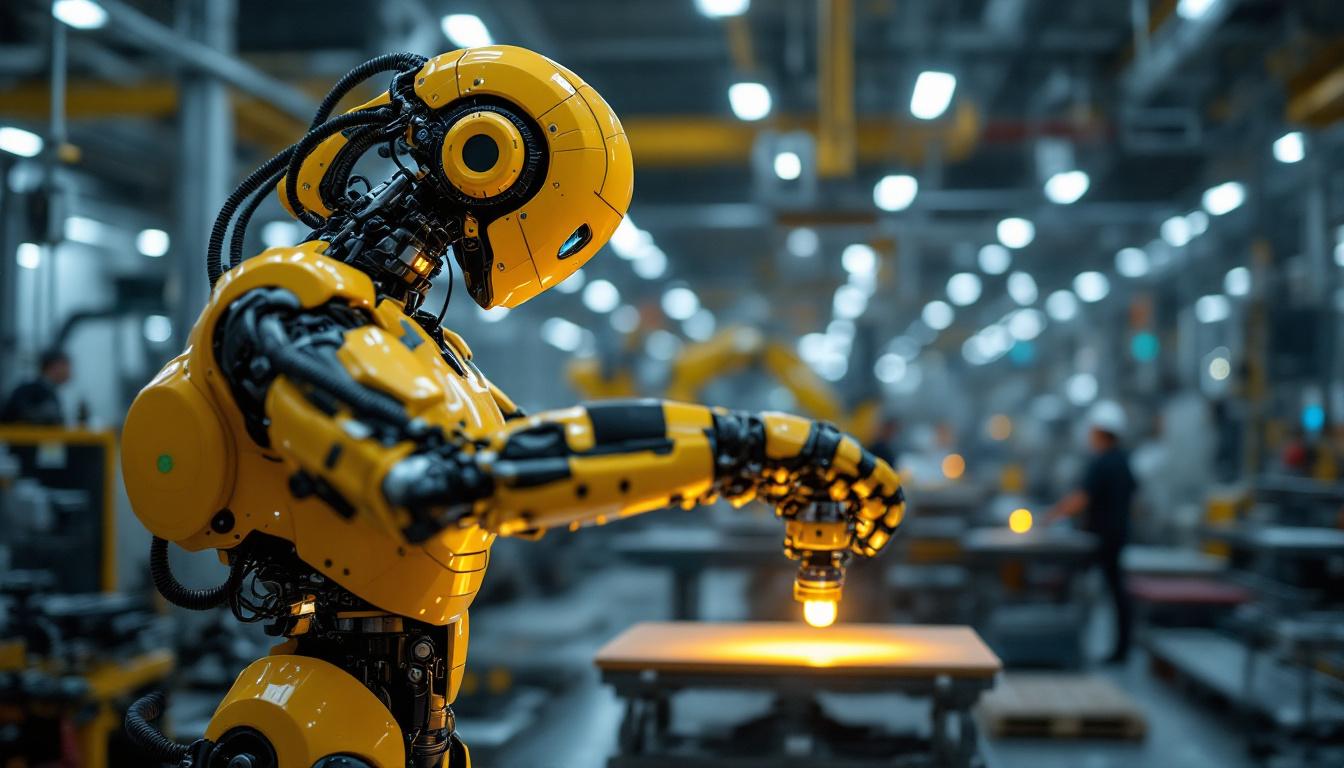 A photograph of a dynamic industrial robot in action within a manufacturing setting