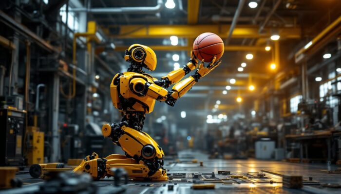 A photograph of a dynamic scene featuring an industrial robot skillfully shooting a basketball on a factory floor