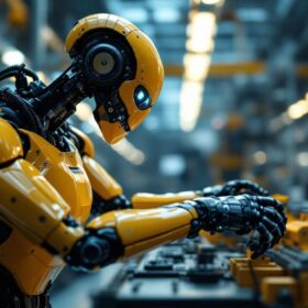 A photograph of a sleek industrial robot in action within a modern manufacturing environment