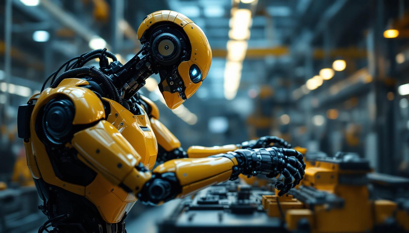 A photograph of a sleek industrial robot in action within a modern manufacturing environment