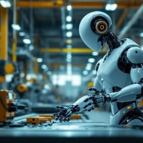 A photograph of a sleek industrial robot in action