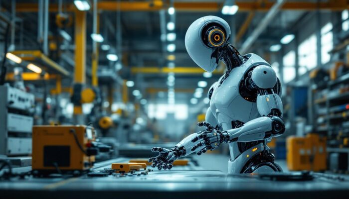 A photograph of a sleek industrial robot in action
