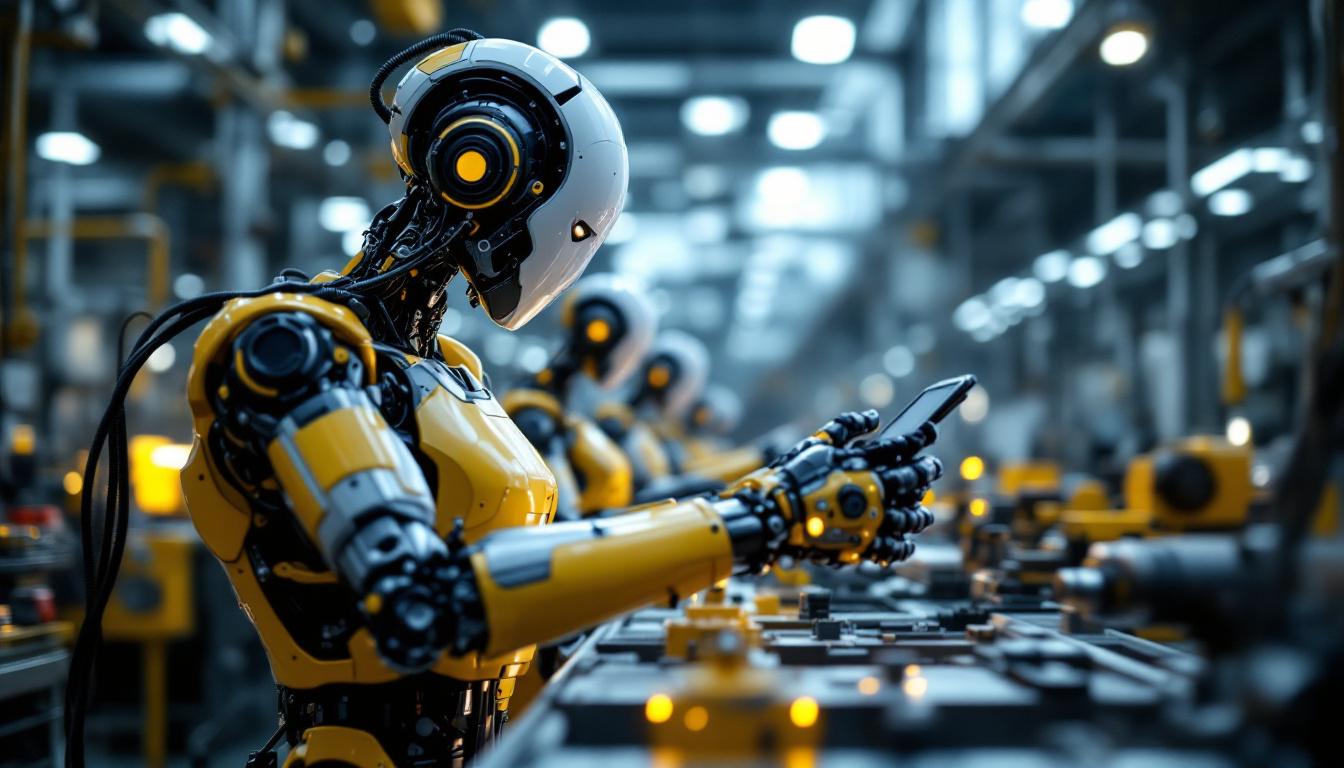 A photograph of a state-of-the-art industrial robot in action within a modern manufacturing facility