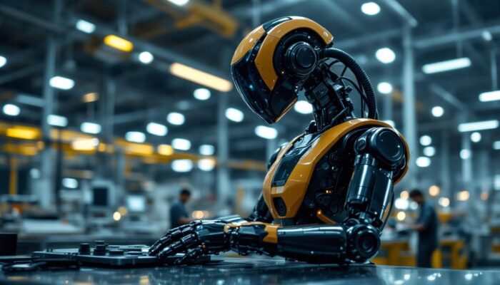 A photograph of a sleek industrial robot in action within a modern manufacturing facility