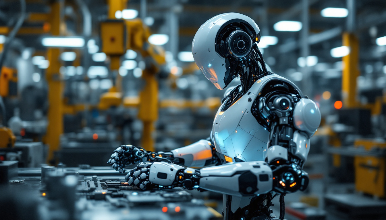 A photograph of a sleek industrial robot in action on a factory floor