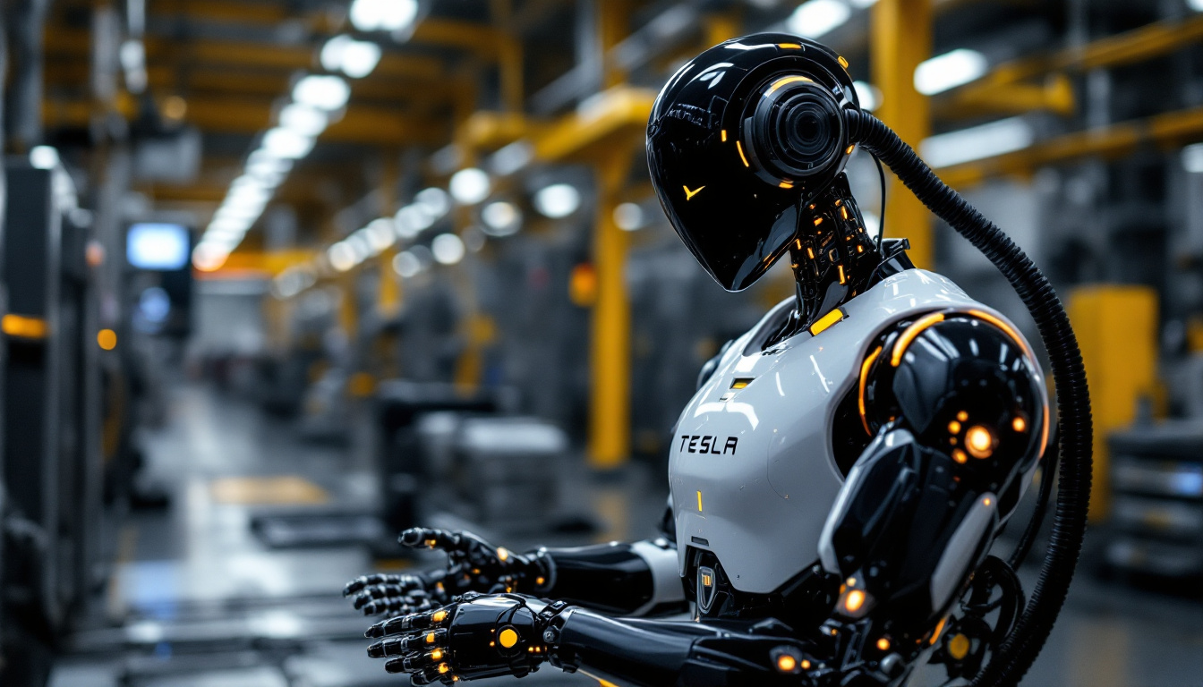 A photograph of a sleek tesla robot in an industrial setting