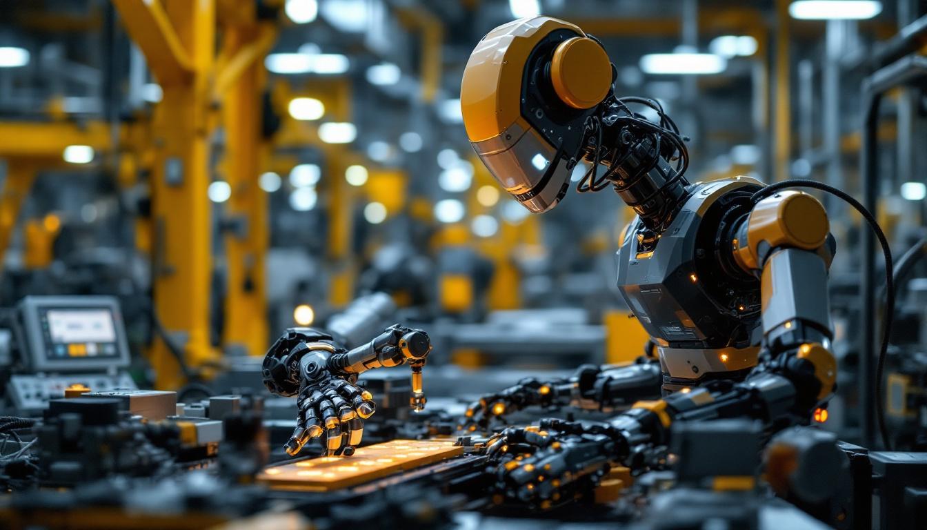 A photograph of a modern industrial robot in action on a factory floor