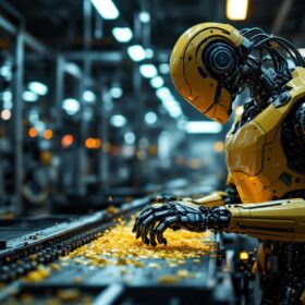 A photograph of a sleek industrial robot in action within a modern manufacturing environment