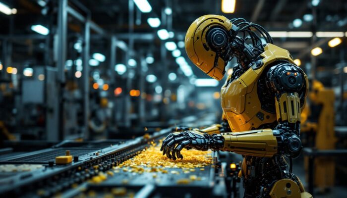 A photograph of a sleek industrial robot in action within a modern manufacturing environment