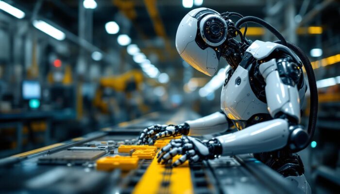 A photograph of a sleek industrial robot in action on a factory floor