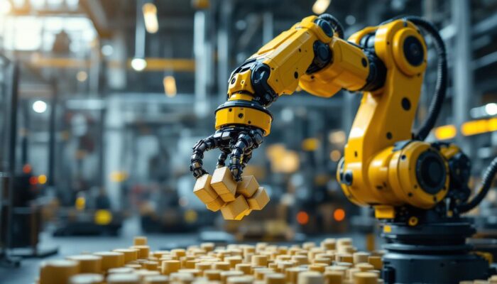 A photograph of a dynamic industrial robot in action