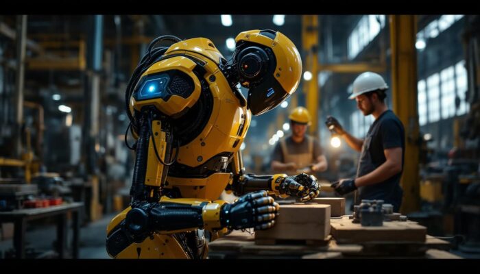 A photograph of a boston dynamics atlas robot in an industrial setting