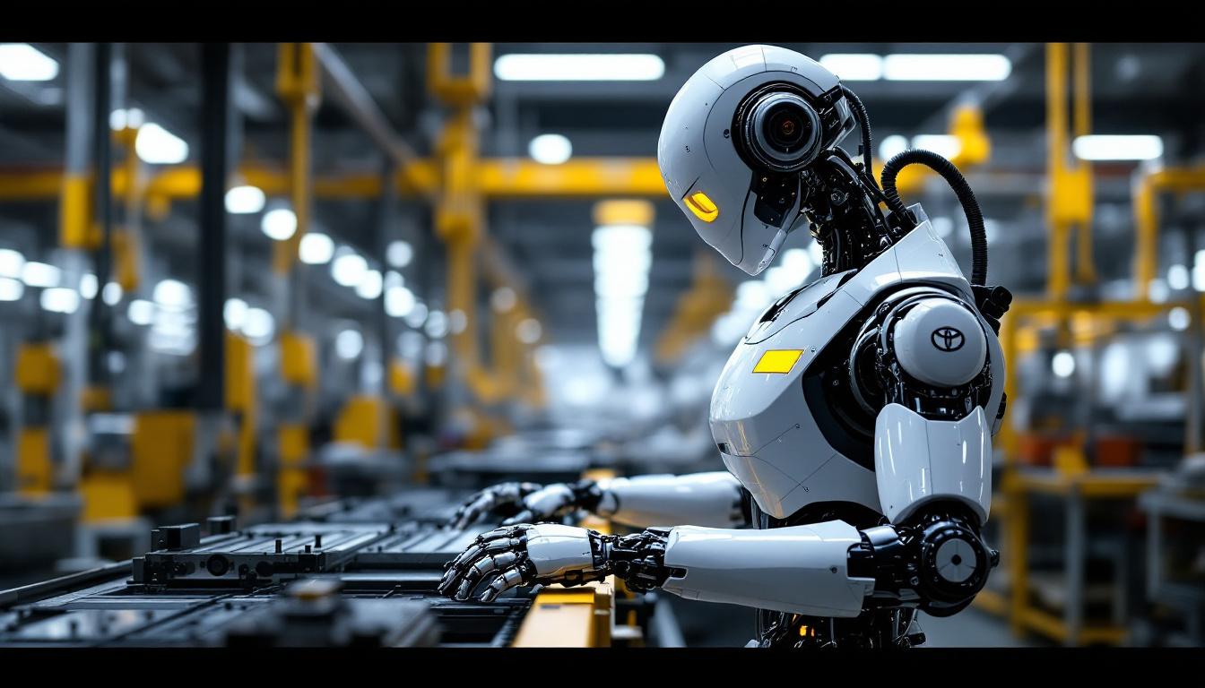 A photograph of a sleek toyota industrial robot in action within a modern manufacturing facility