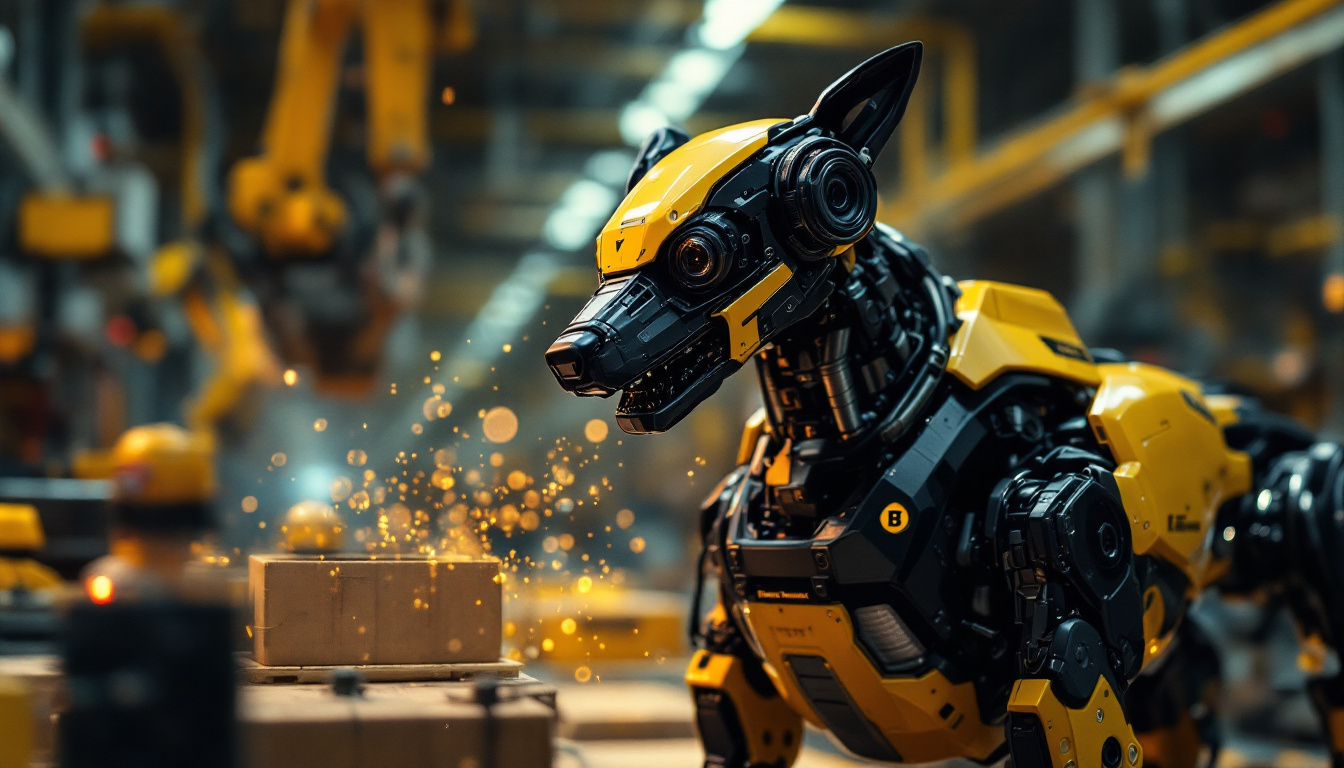 A photograph of a boston dynamics robot dog in an industrial setting