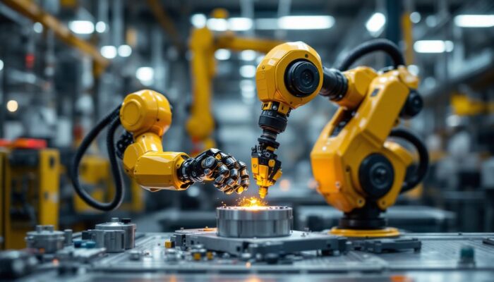 A photograph of a sophisticated industrial robot in action