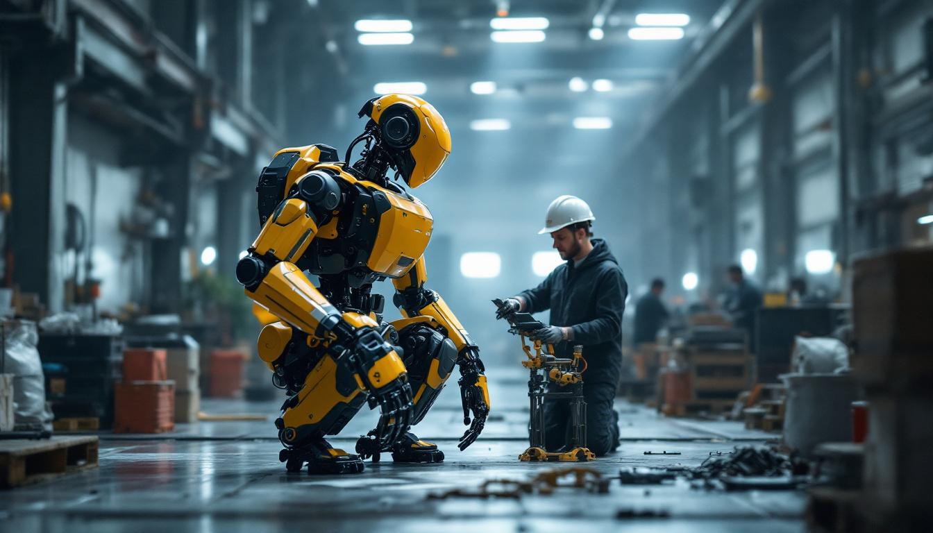 A photograph of capture a photograph of boston dynamics' atlas robot in an industrial setting