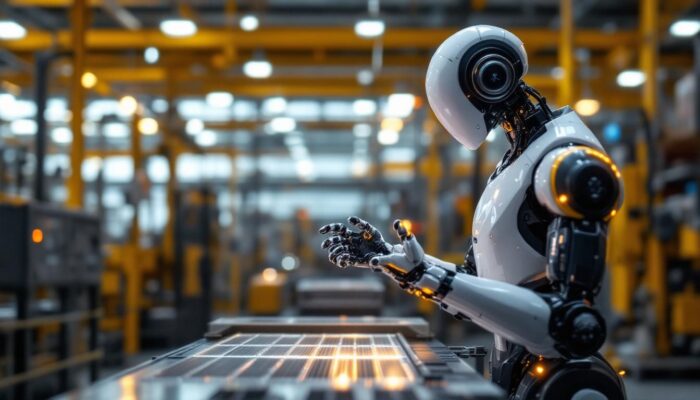 A photograph of a sleek industrial robot in action