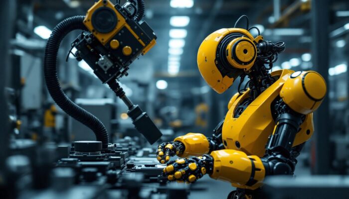 A photograph of a modern industrial robot in action within a manufacturing setting