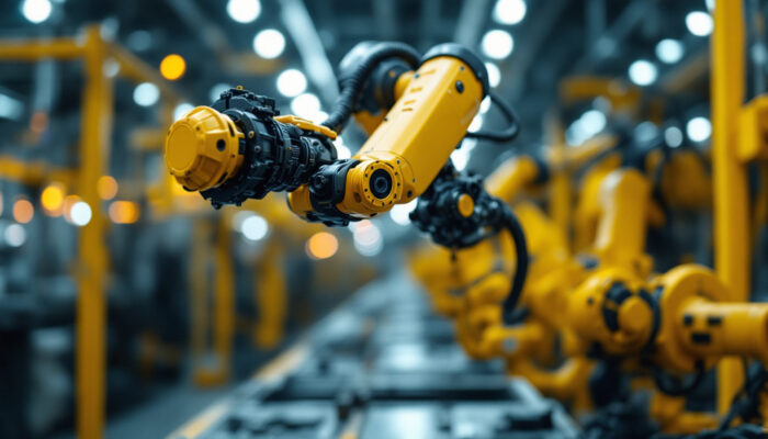A photograph of a close-up view of an industrial robotic arm in action