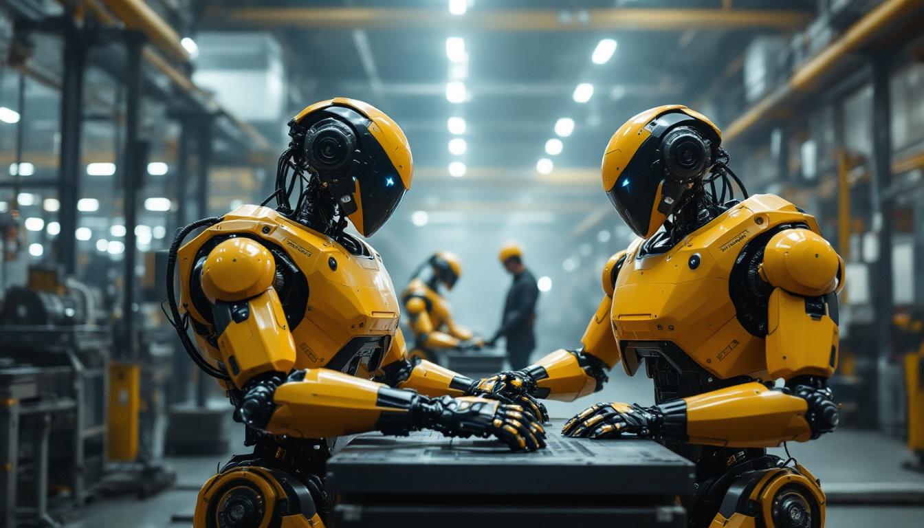 A photograph of a dynamic industrial setting featuring boston dynamics robots in action