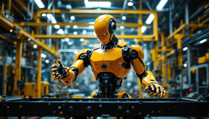 A photograph of a dynamic scene showcasing an industrial robot in action