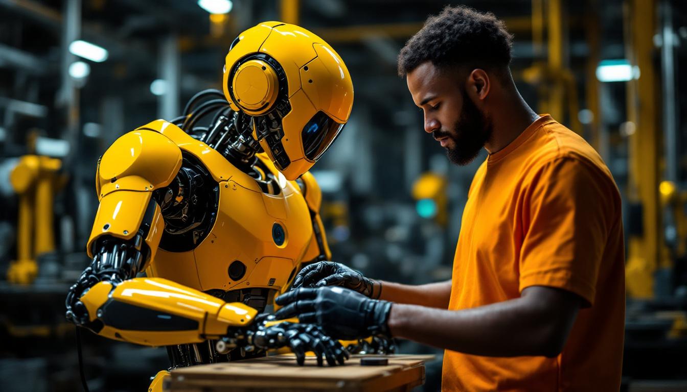 A photograph of a skilled technician working alongside a sleek industrial robot in a modern manufacturing environment